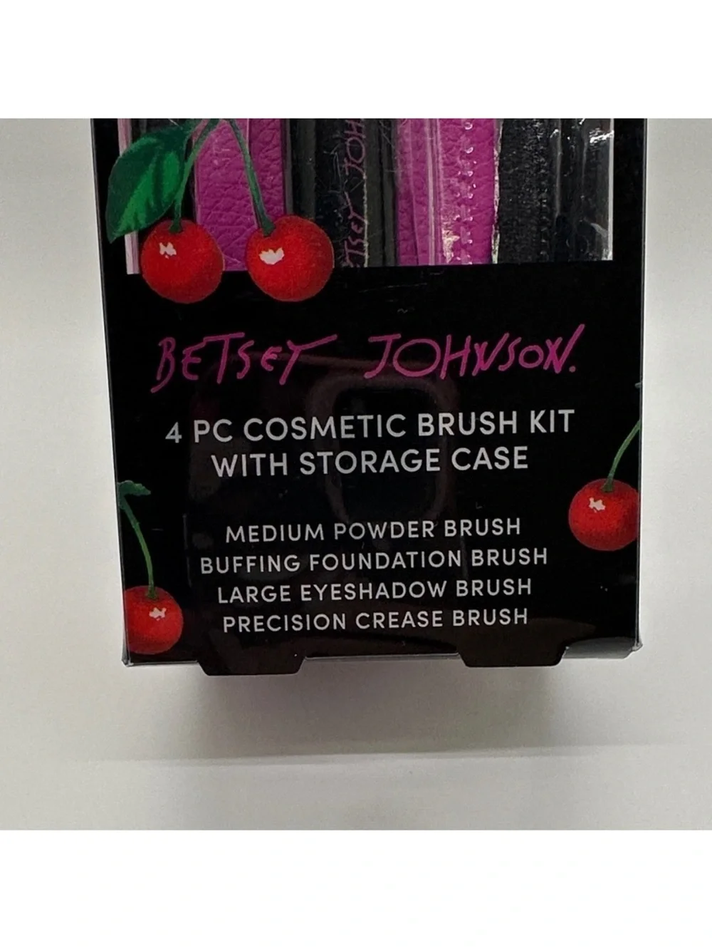 Betsey Johnson Cherry-Print 4-Piece Makeup Brush Set in Hot Pink & Black